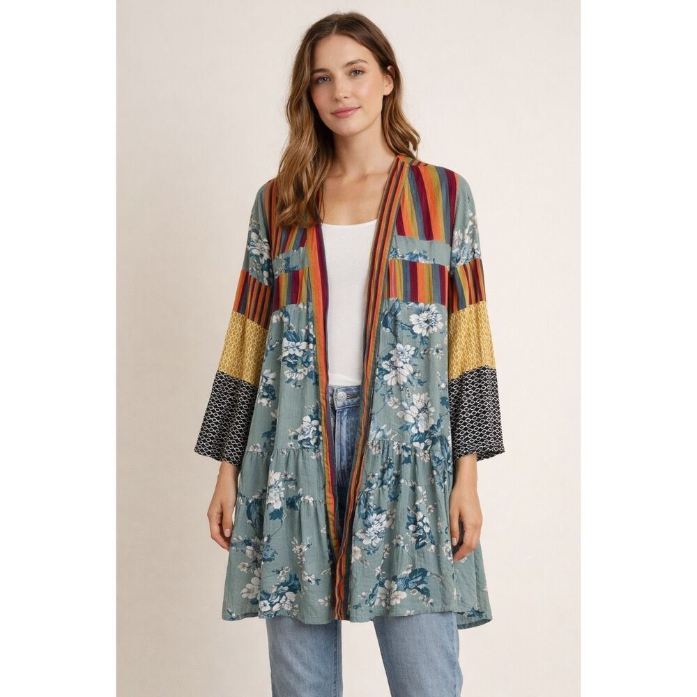 Ces Femme Patchwork Kimono Cardigan Floral Striped Rayon S